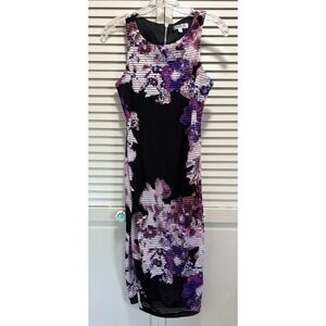 Jennifer Lopez Bodycon Midi Dress Black/Purple Floral Size‎ 2 Zip Back Lined